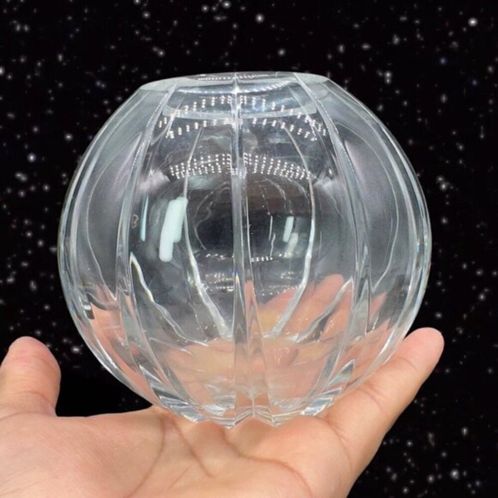 1960s Clear Crystal Art Glass Rose Bowl With Vertical Cut Glass 4.5”T 2.75”W